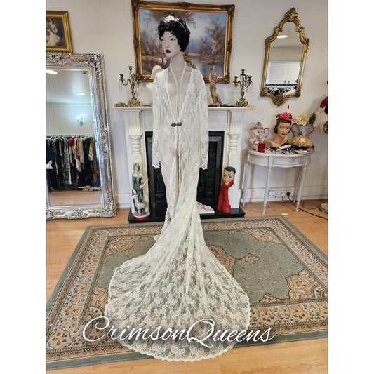 Extraordinary vintage Art Deco 1920s lace wedding long jacket duster wedding bridal coat cover size UK 16 US 12