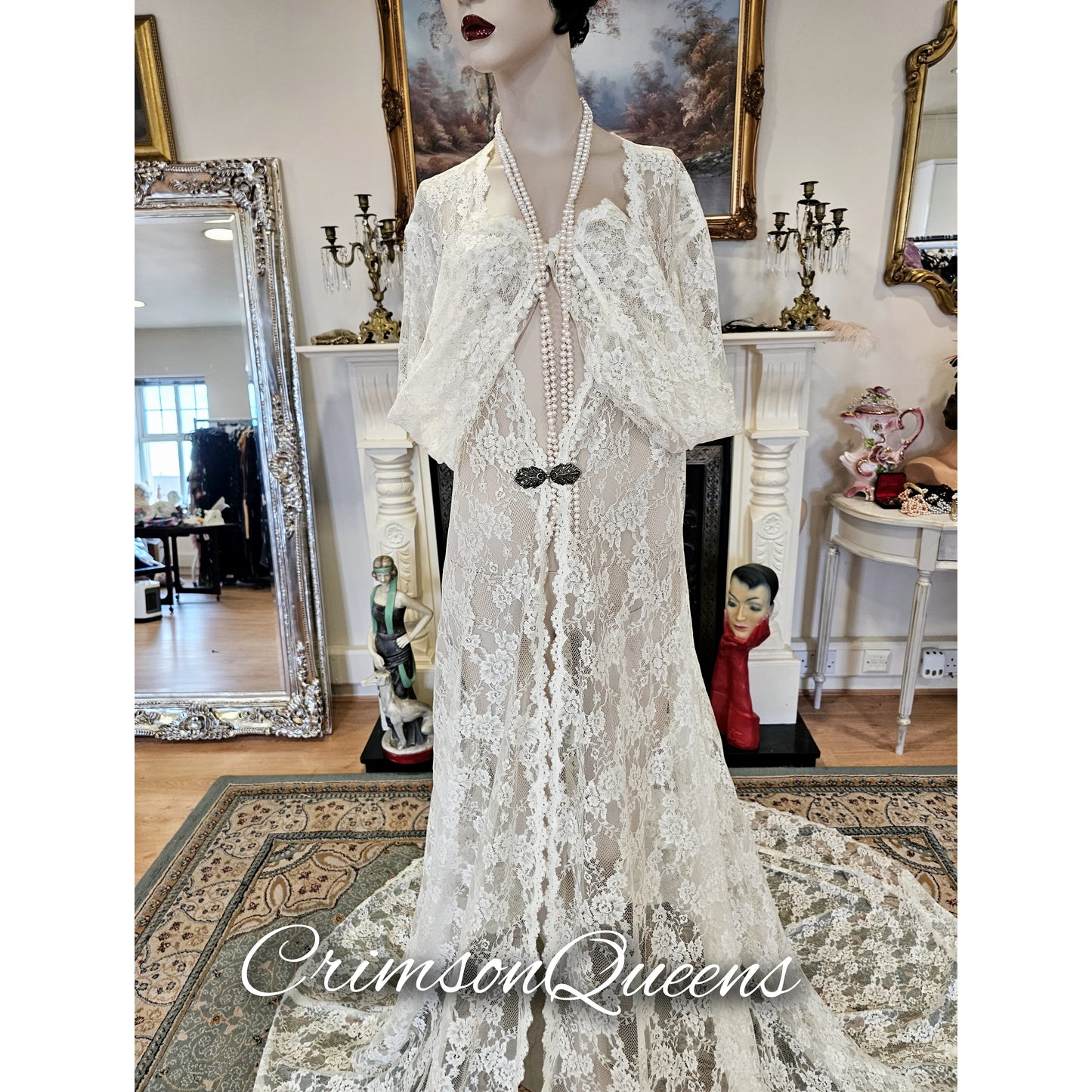 Extraordinary vintage Art Deco 1920s lace wedding long jacket duster wedding bridal coat cover size UK 16 US 12