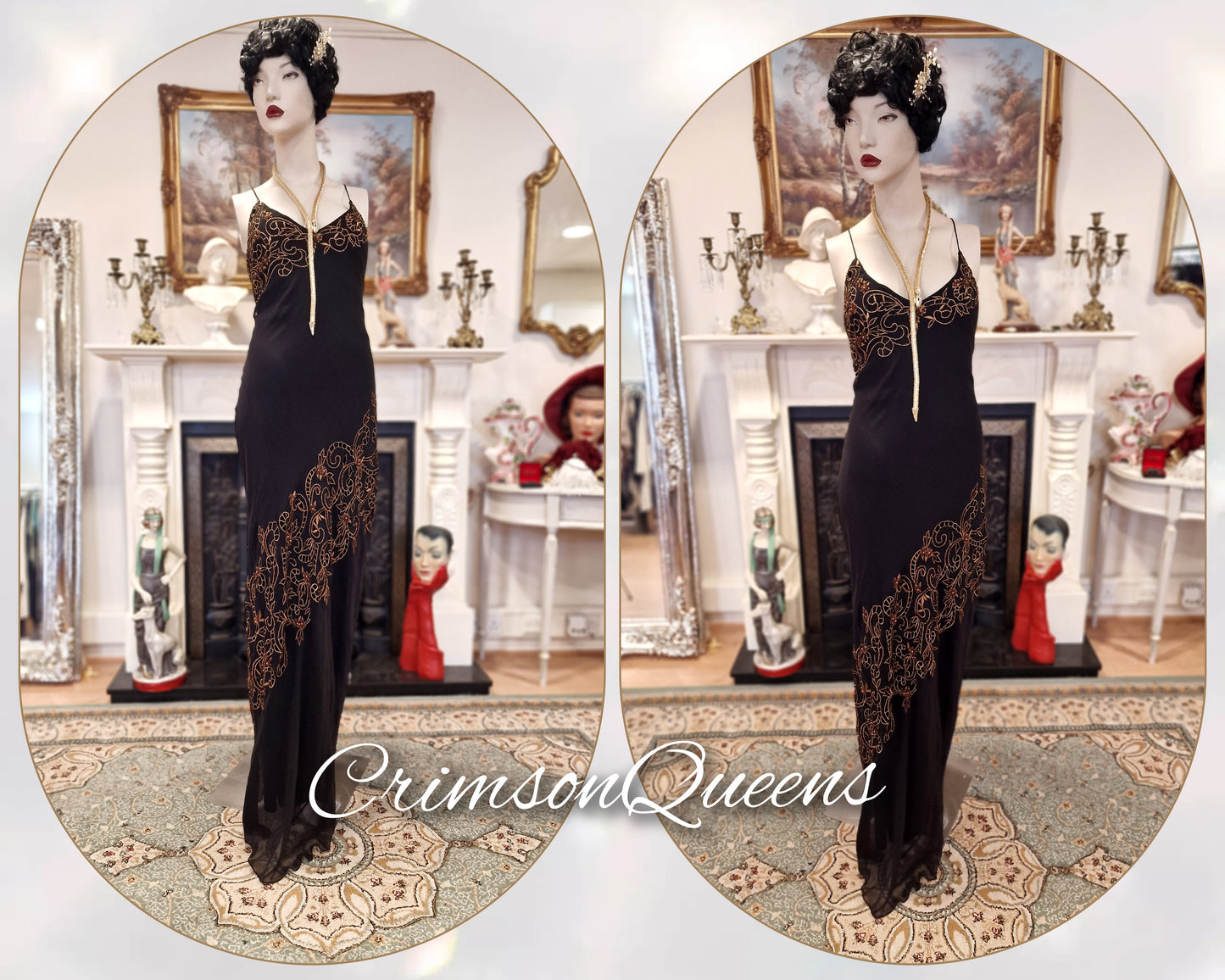 Vintage silk laced embroidery 1920s 1930s Hollywood goddess black gold evening bias cut gown dress size UK 10 US 6