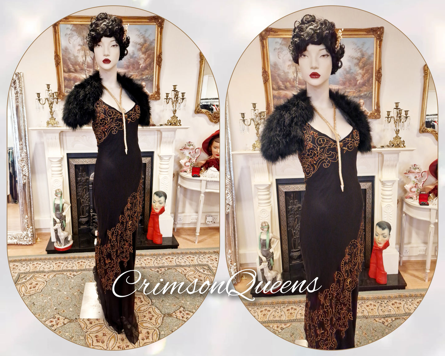 Vintage silk laced embroidery 1920s 1930s Hollywood goddess black gold evening bias cut gown dress size UK 10 US 6