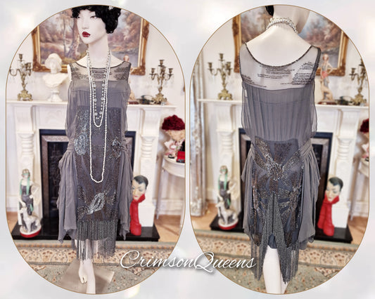Vintage Art Deco flapper 1920s Great Gatsby Downton Abbey spectacular luxurious evening silver grey beaded tasseled dress size UK 10 US 6