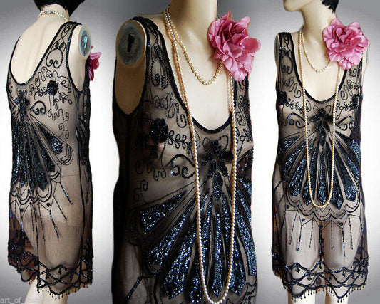 Flapper dress 1920s dress flapper mesh dress 1920s beaded gown Vintage Oriental Sheer Net Flapper Dress size Uk 10 US 6