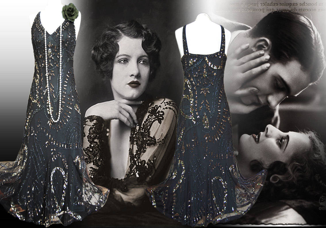 1930s dress Flapper dress Downton Abbey gown vintage beaded dress bottle green sequinned Dress 1920s evening gown size UK 8 10 US 4 6
