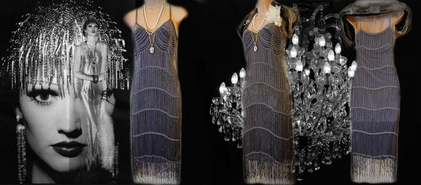 1920's Art Deco Flapper Charleston Gatsby Vintage Beaded Evening Gown Avant Garde Silver Gothic Steampunk Dress Size UK 8 US 4