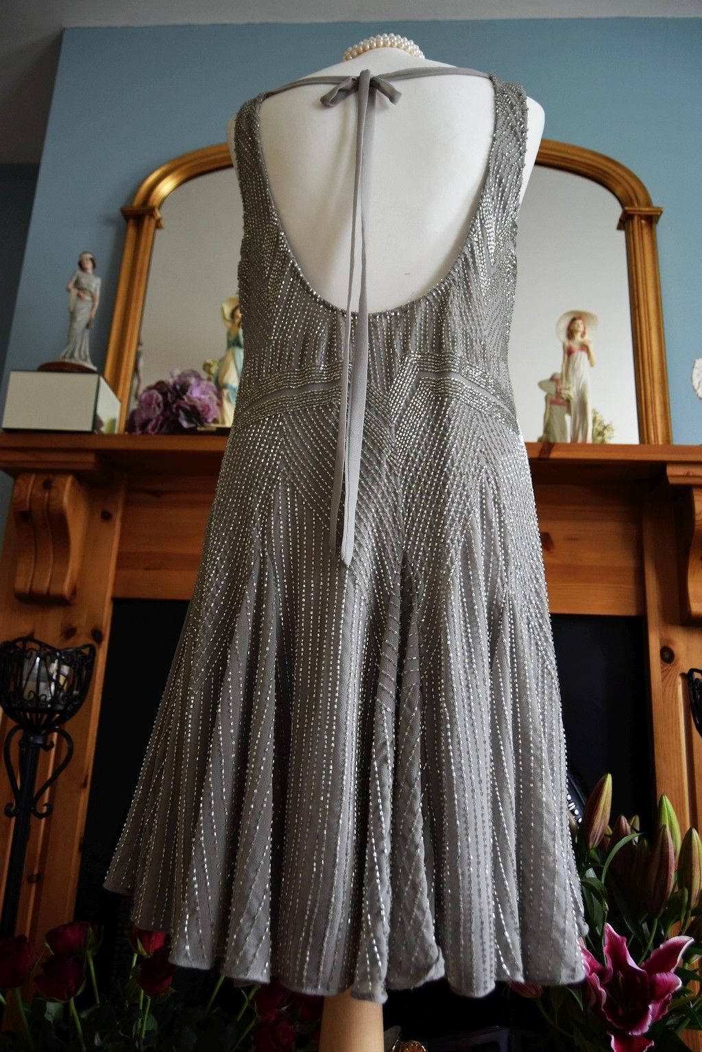 1920s dress, Vintage Silver dress, Great Gatsby dress, flapper dress, Downton Abbey dress, bead1920s dress, charleston dress, sz UK 10 US 6