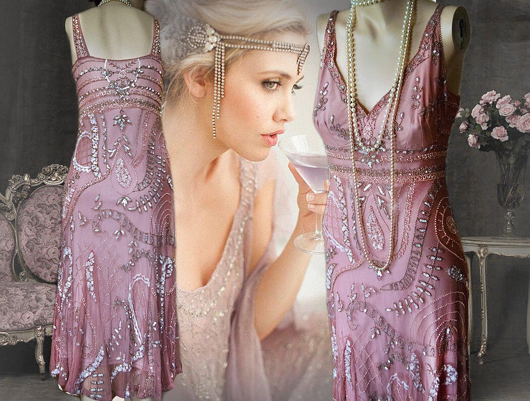 Art Deco style Downton Abbey vintage 1920s dress flapper style embellished beaded dusty pink floral dress evening gown size UK 14 US 10