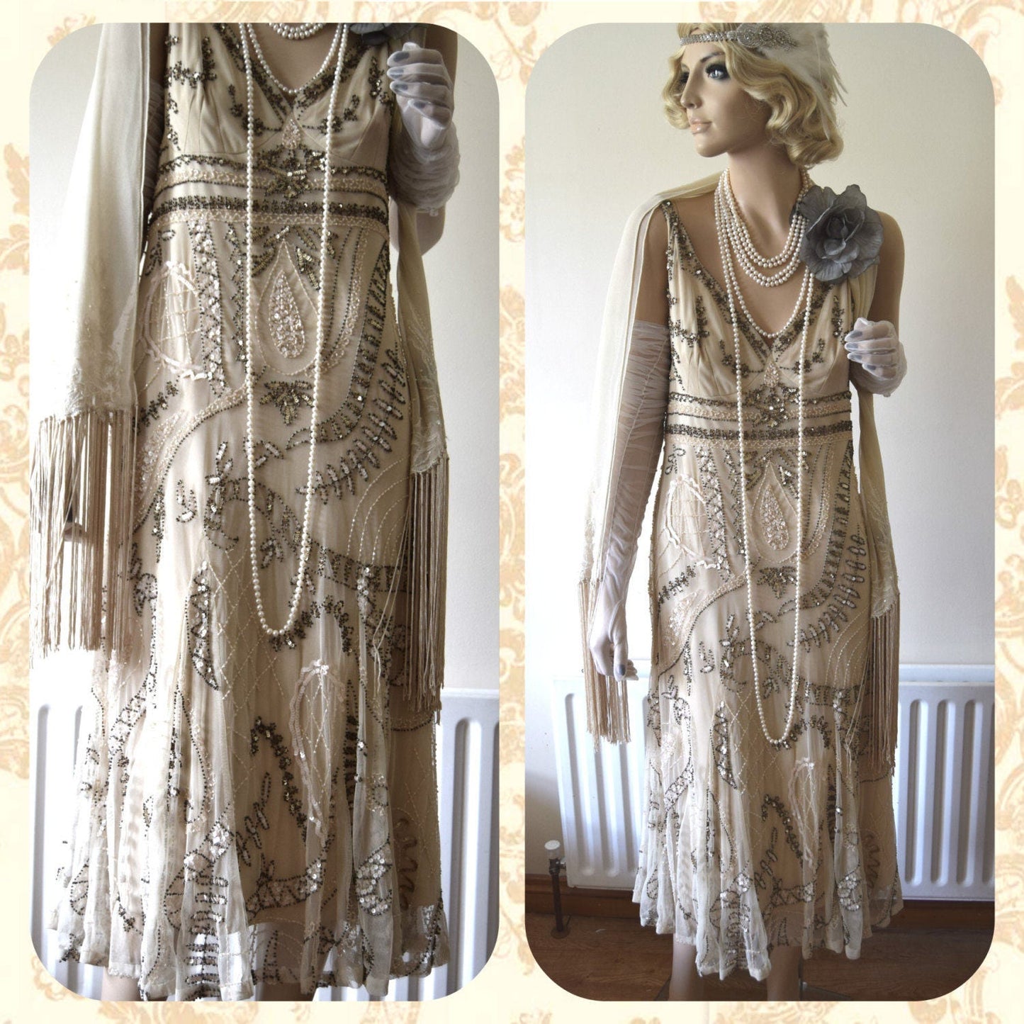 Art Deco style Downton Abbey Vintage Embellished Beaded Cream Silver Gold Floral Dress Evening Gown Size UK 16 18 US 12 14