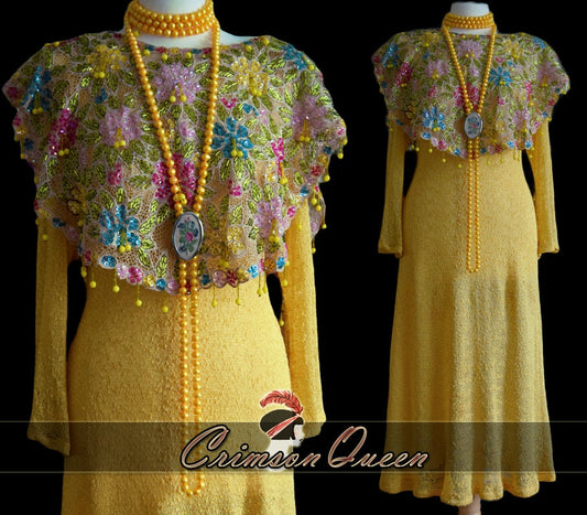 Mustard yellow Vintage Crochet 1930's cocktail day dress size UK 10 US 6