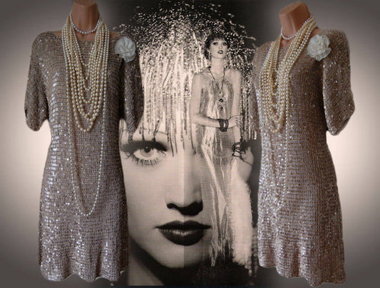 Vintage silver Great Gatsby totally sequinned flapper Downton Abbey shell dress 1920's charleston dress size UK 10 US 6