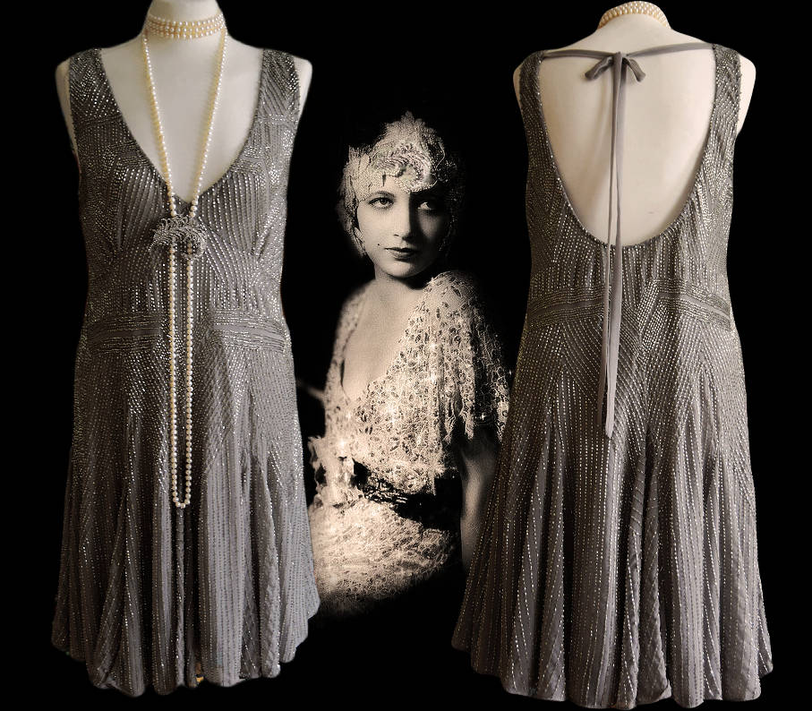 1920s dress, Vintage Silver dress, Great Gatsby dress, flapper dress, Downton Abbey dress, bead1920s dress, charleston dress, sz UK 10 US 6