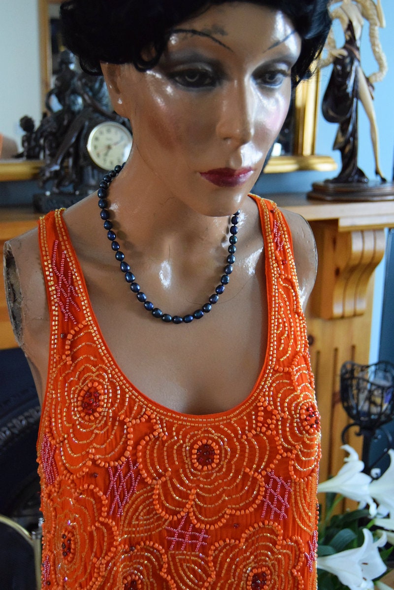 Beautiful Art Deco 1920's Fire Rusty Orange BeadedFloral top Tunic Blouse size UK 10 UK 6