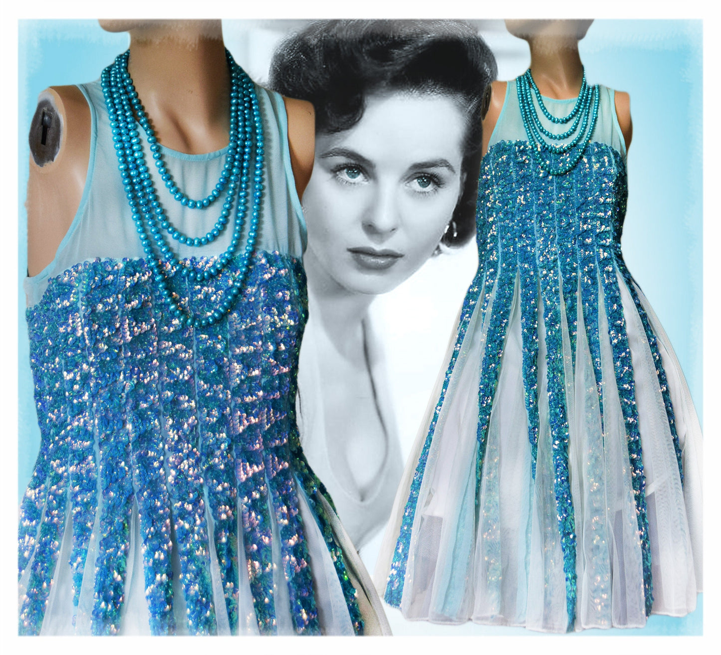 Beautiful 1950's full swing net heavily sequinned blue aquamarine stunning circle dress size UK 10 12 US 6 8