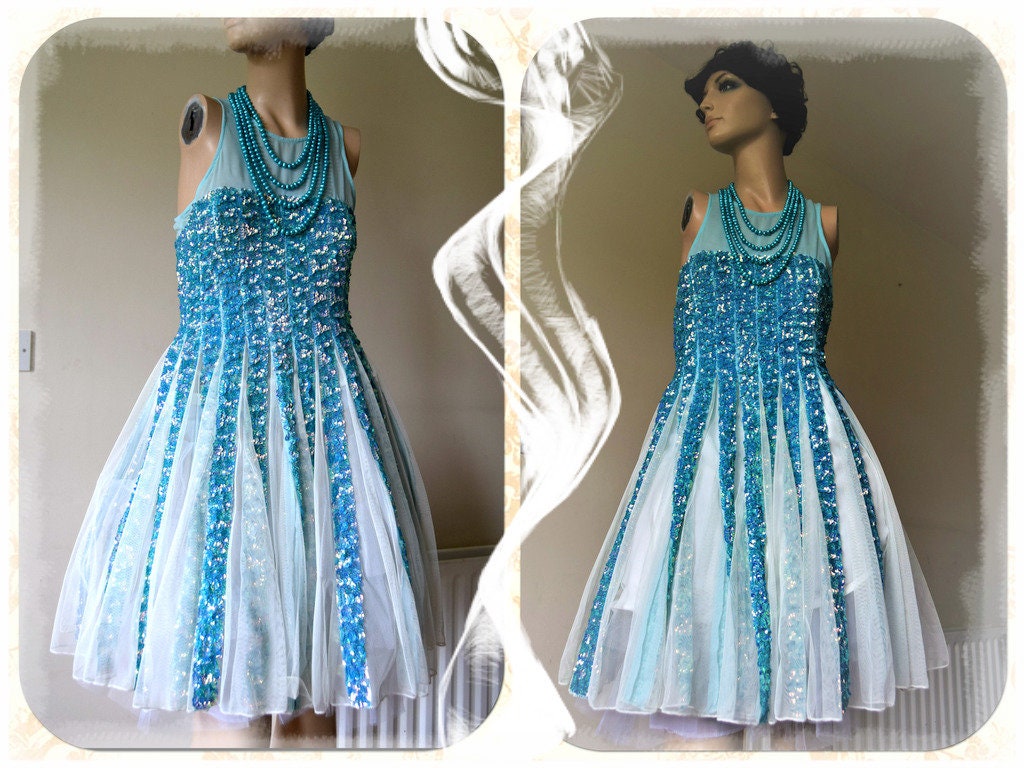 Beautiful 1950's full swing net heavily sequinned blue aquamarine stunning circle dress size UK 10 12 US 6 8