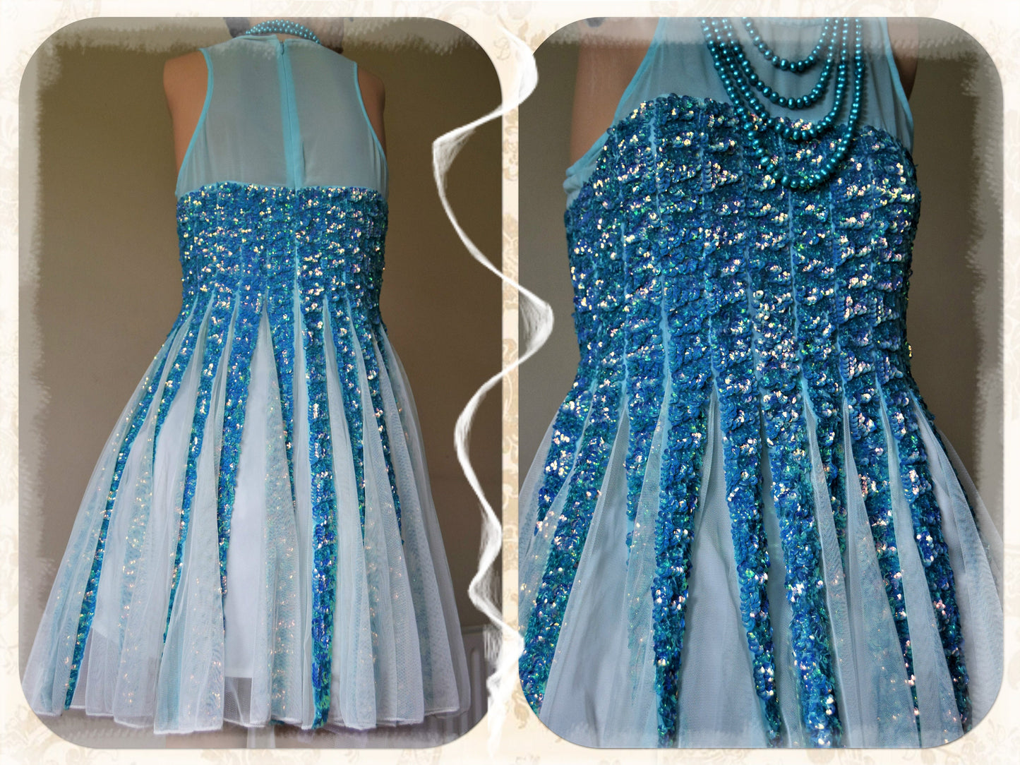 Beautiful 1950's full swing net heavily sequinned blue aquamarine stunning circle dress size UK 10 12 US 6 8