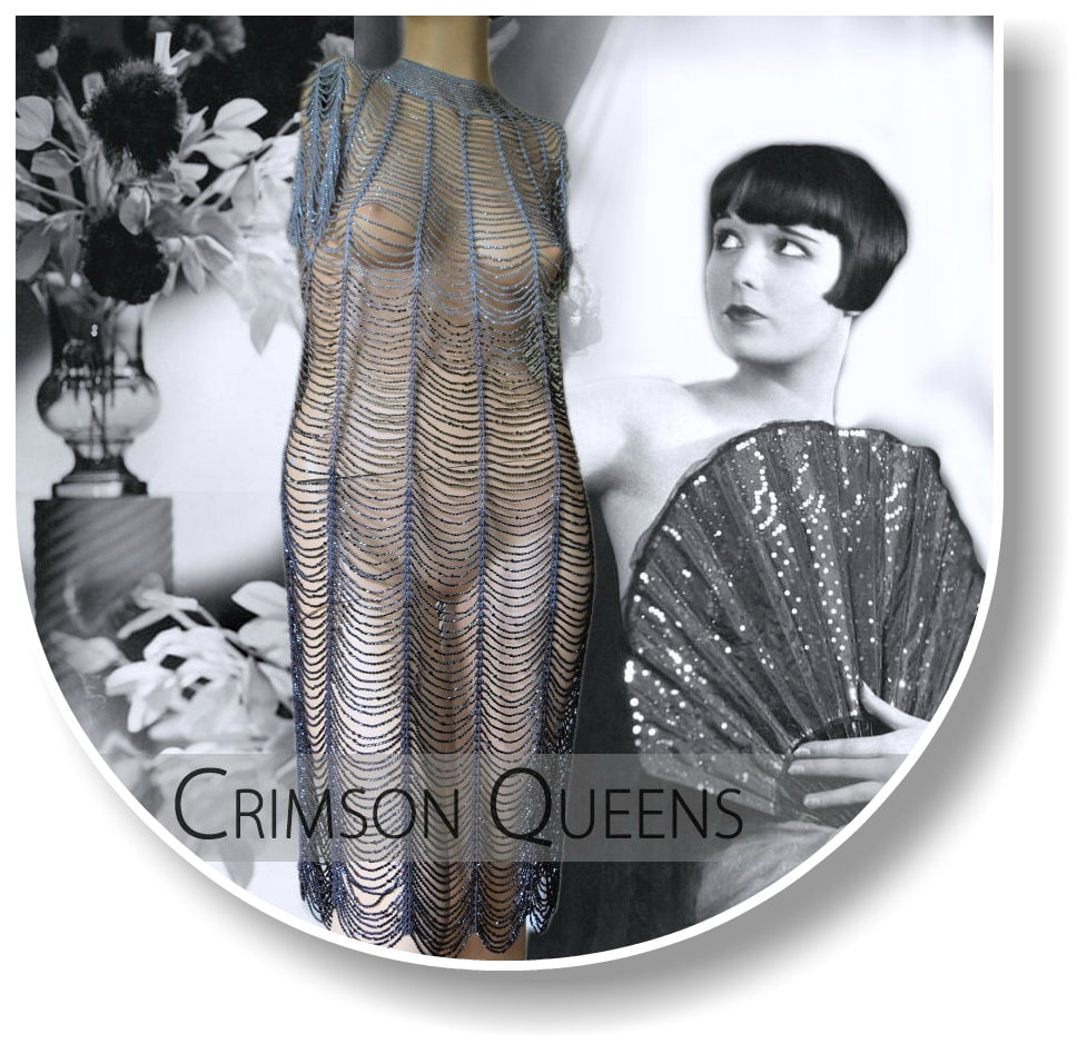 Vintage 1920's Art Deco Flapper Great Gatsby Heavily Beaded and crocheted Silver Dress Size UK 8 10 US 4 6