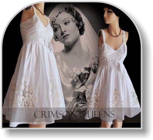 Vintage Rockabilly 1950s 1960s full Swing Cotton Pin-up wedding dress Lyon Lace Circle Wedding Gown Soft Summer Tea Dress size UK 4 6 US 2 4