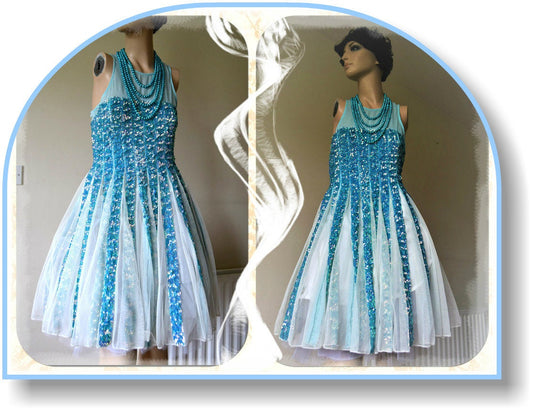 Beautiful 1950's full swing net heavily sequinned blue aquamarine stunning circle dress size UK 10 12 US 6 8