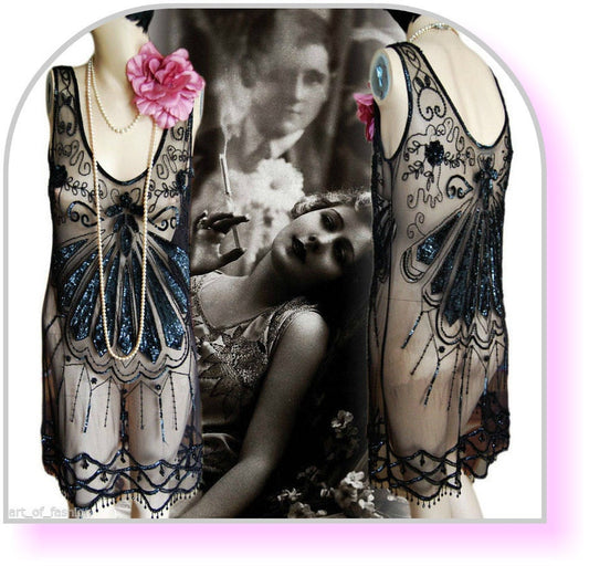 Flapper dress 1920s dress flapper mesh dress 1920s beaded gown Vintage Oriental Sheer Net Flapper Dress size Uk 14 US 10