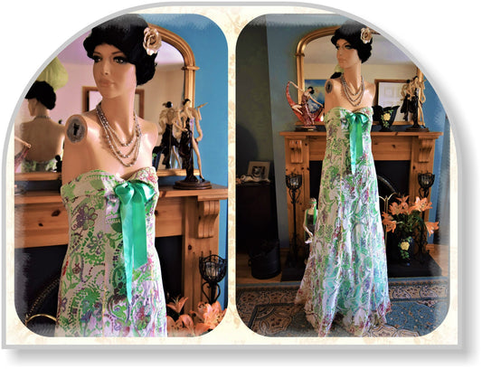 Vintage Green Aquamarine 1920s floral dress garden cocktail dress matching Marabou cardigan Downton Abbey St Patrick's day Size UK 10 US 6