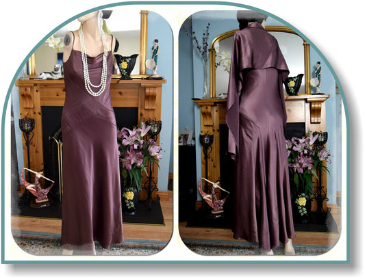 Art Deco Vintage 1930's style Chocolate Brown fluid satin silk Maxi Stage Dress Evening Gown Size UK 10 US 6