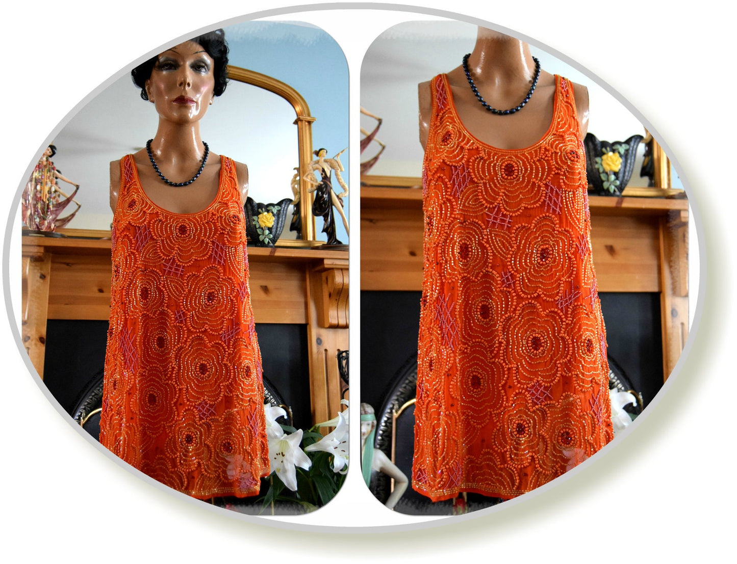 Beautiful Art Deco 1920's Fire Rusty Orange BeadedFloral top Tunic Blouse size UK 10 UK 6