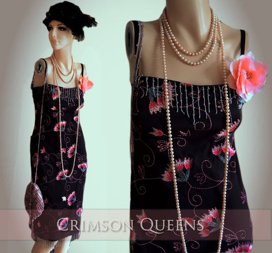 Art Deco Fan Floral Exotic Oriental Wiggle  1920's Vintage Flapper  Dress with beaded tassels embelllishments Size UK 10 US 6