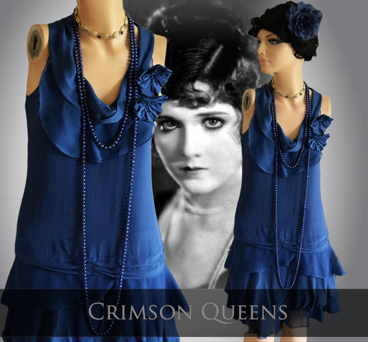 Vintage Midnight Blue Pastel Silk Romantic So Feminine 1920's frilled dress Size UK 8 US 4