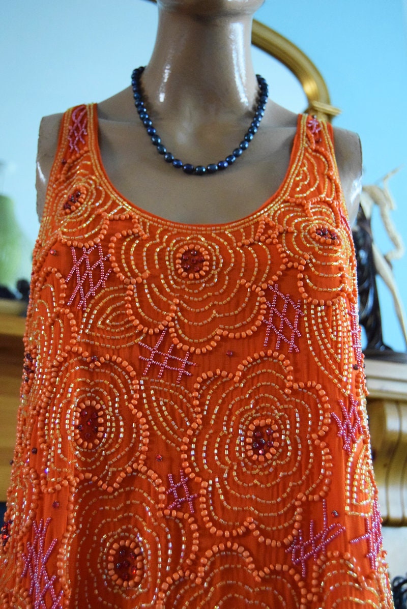 Beautiful Art Deco 1920's Fire Rusty Orange BeadedFloral top Tunic Blouse size UK 10 UK 6