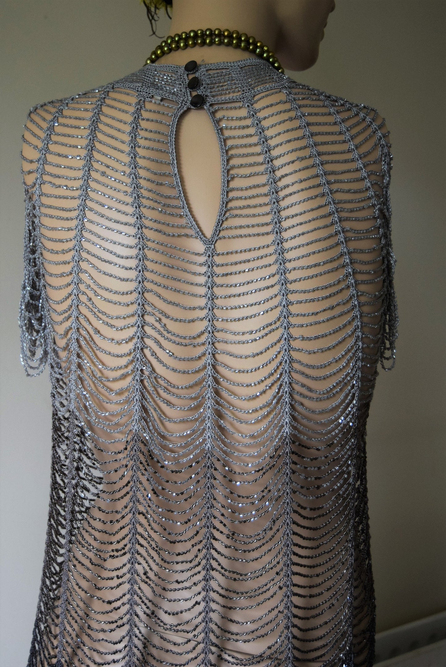 Vintage 1920's Art Deco Flapper Great Gatsby Heavily Beaded and crocheted Silver Dress Size UK 8 10 US 4 6