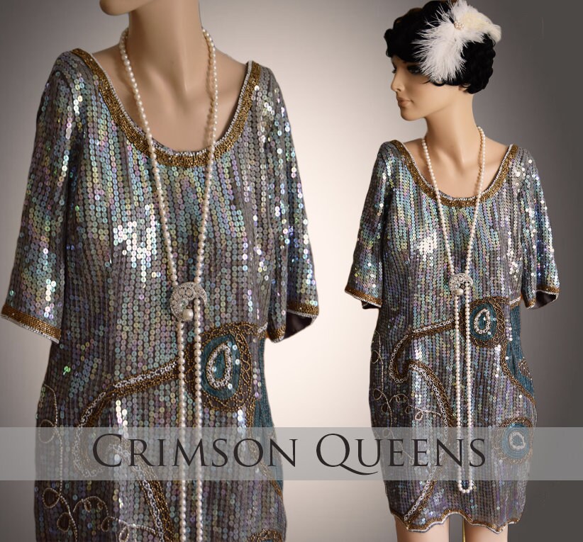 1920s dress Art Deco dress Flapper bead dress Great Gatsby gold silver vintage sequin dress Avant-Garde dress evening dress UK 8 10 US 4 6