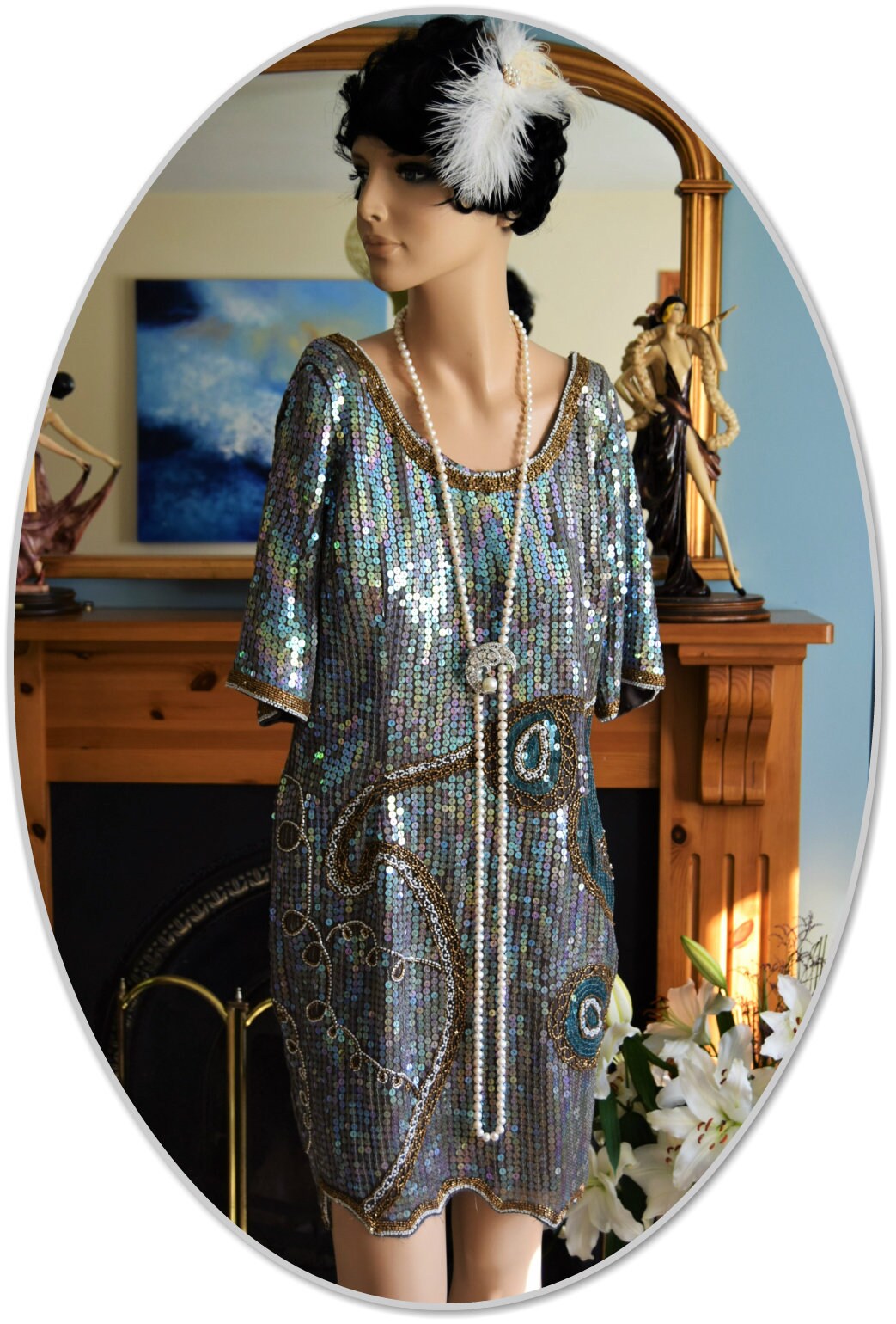 1920s dress Art Deco dress Flapper bead dress Great Gatsby gold silver vintage sequin dress Avant-Garde dress evening dress UK 8 10 US 4 6