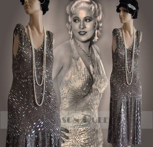 Flapper dress 1920s dress Downton Abbey dress Great Gatsby dress 1930s dress 1930s flapper silver silk evening dress size UK 12 US 8