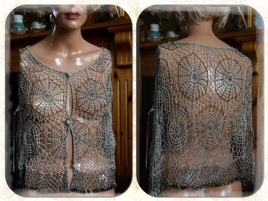 Beautiful vintage crochet spider web beaded and embelllished gold bolero cape