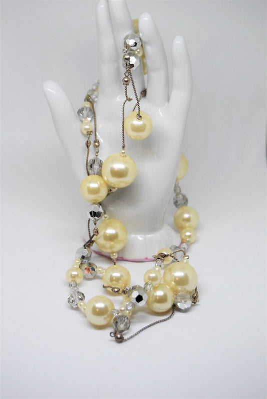 Charming 1950's Long Vanilla  Pearl With Shiny AB crystalsStrands Of Graduated Pearlswiith High Lustre