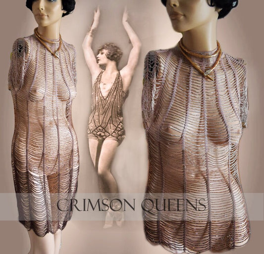 Flapper dress 1920s dress Great Gatsby dress Art Deco dress Vintage Heavily Beaded crocheted Gold Coper Ombre Dress Size UK  12 14 US  8 10