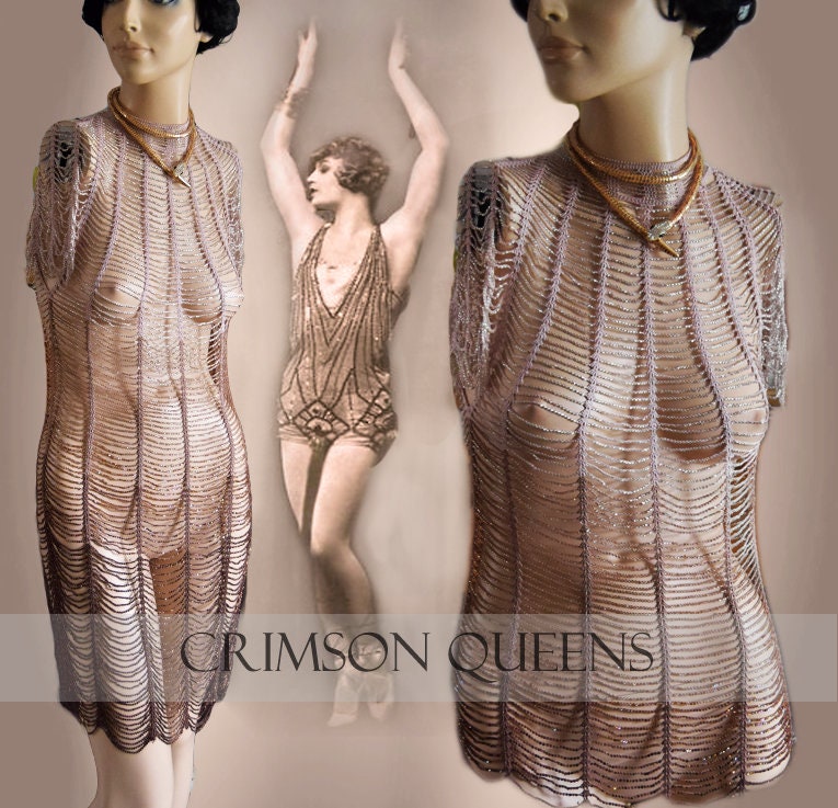 Flapper dress 1920s dress Great Gatsby dress Art Deco dress Vintage Heavily Beaded crocheted Gold Coper Ombre Dress Size UK  10 US  6 10