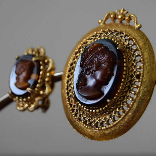 Vintage Florenza cameo brooch and earrings