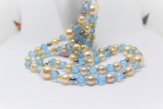 Charming 1950's Long Blue pearl Layered Strands Of Graduated Pearls in 3 Mesmarasing Tones of Blue