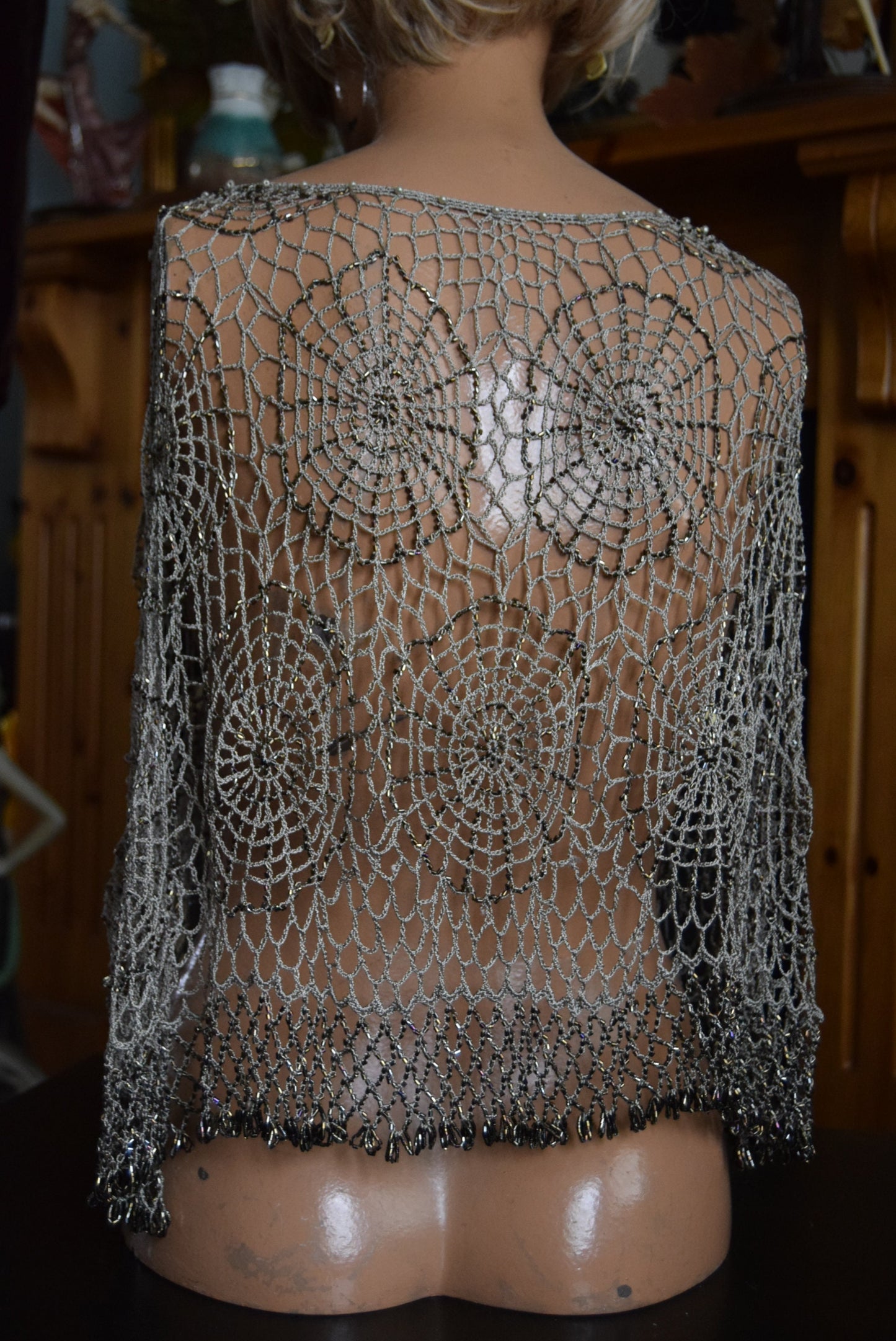 Beautiful vintage crochet spider web beaded and embelllished gold bolero cape