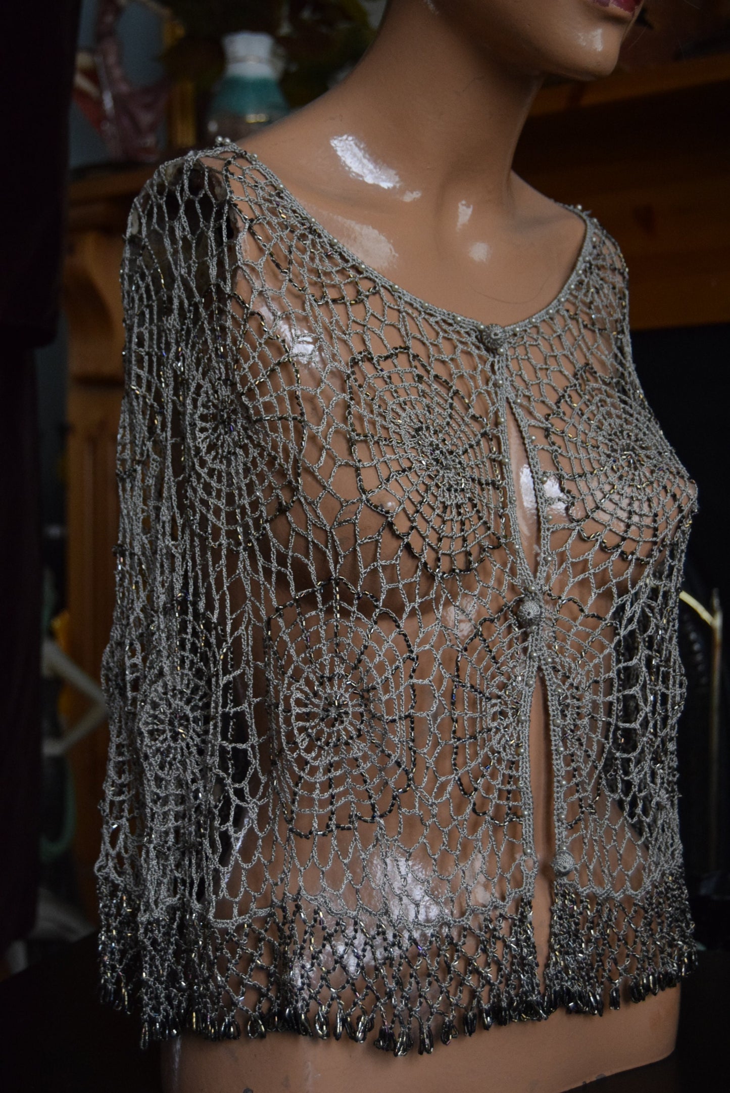 Beautiful vintage crochet spider web beaded and embelllished gold bolero cape