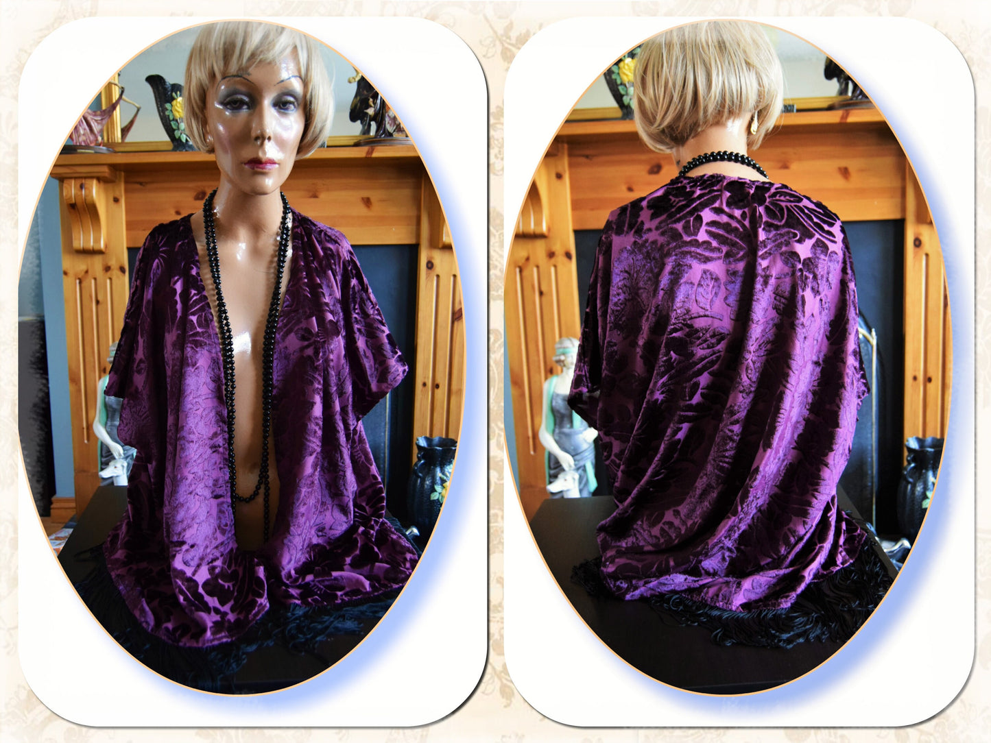 Vintage Purple Oriental Art Deco Devore Damask Velvet  Duster Coat 1920's Flaper size UK 12 US8