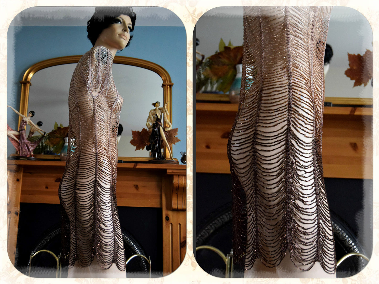 Flapper dress 1920s dress Great Gatsby dress Art Deco dress Vintage Heavily Beaded crocheted Gold Coper Ombre Dress Size UK  10 US  6 10