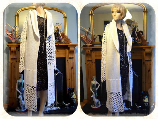 Beautiful Vintage Crochet Winter Blazer Vintage Downton Abbey Long Jacket/Coat  size UK 12 US 8