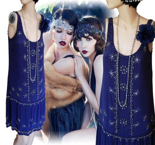 Vintage purple blue oriental Downton Abbey 1920s flapper sequinned beaded embellished Great Gatsby silk all 100% silk dress size UK 8 US 4