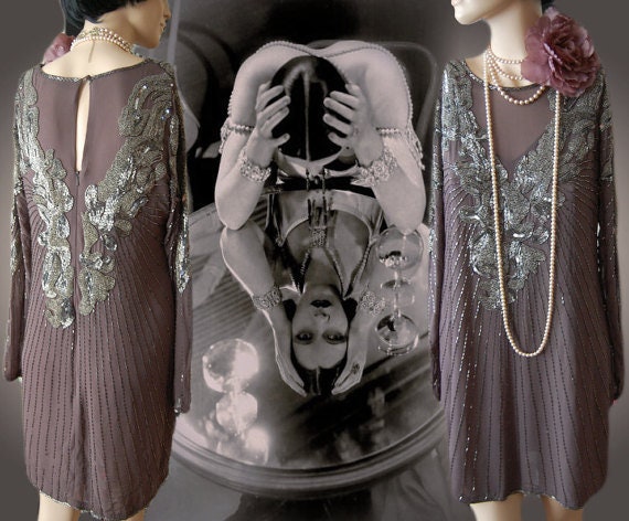 Flapper dress 1920s dress Great Gatsby dress Art Deco dress vintage silver silk dress heavily beaded dress Size UK 4 6 US 0 2