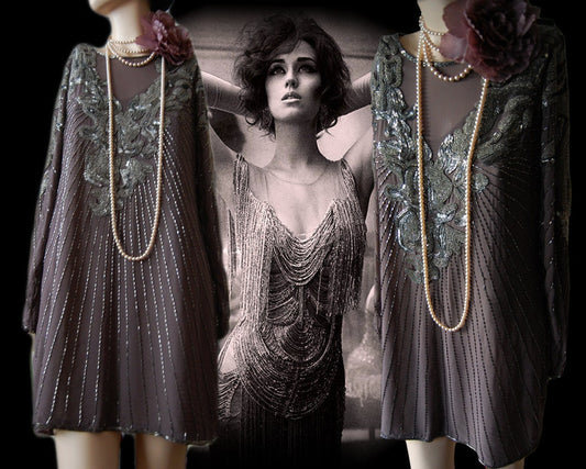 Flapper dress 1920s dress Great Gatsby dress Art Deco dress vintage silver silk dress heavily beaded dress Size UK 4 6 US 0 2