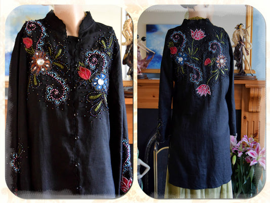 Exceptional Vintage Butler and Wilson cotton long summer coat heavily embroiddered and sequined size UK 12 US 8