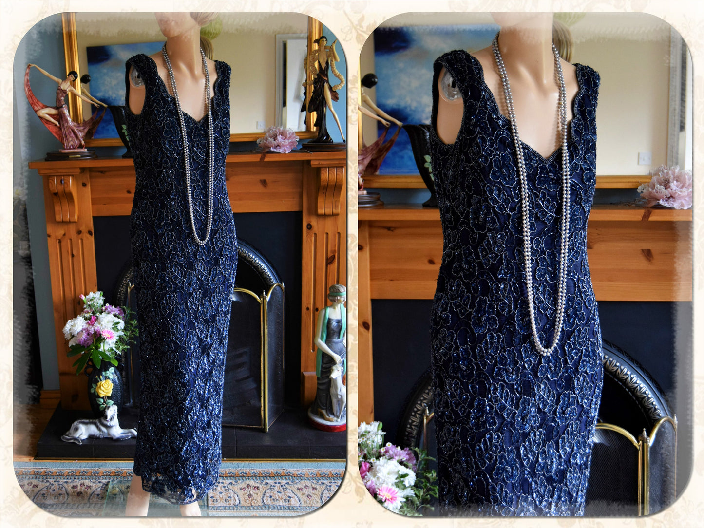 Flapper dress  1930 dress Vintage 1920's Heavily beaded sequin Navy blue lace Embellished Flapper Evening 1920s Dress size Uk 8 10 US 4 6