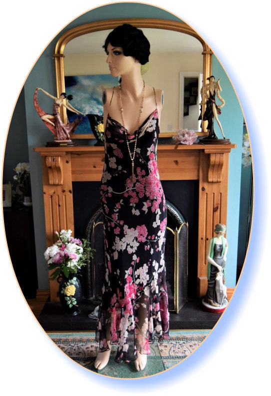 Art Deco Romantic Downton Abbey Vintage Floaty Etheral Oriental Cherry Blossom Cocktail Evening Silk Gown Size UK 12 US 8