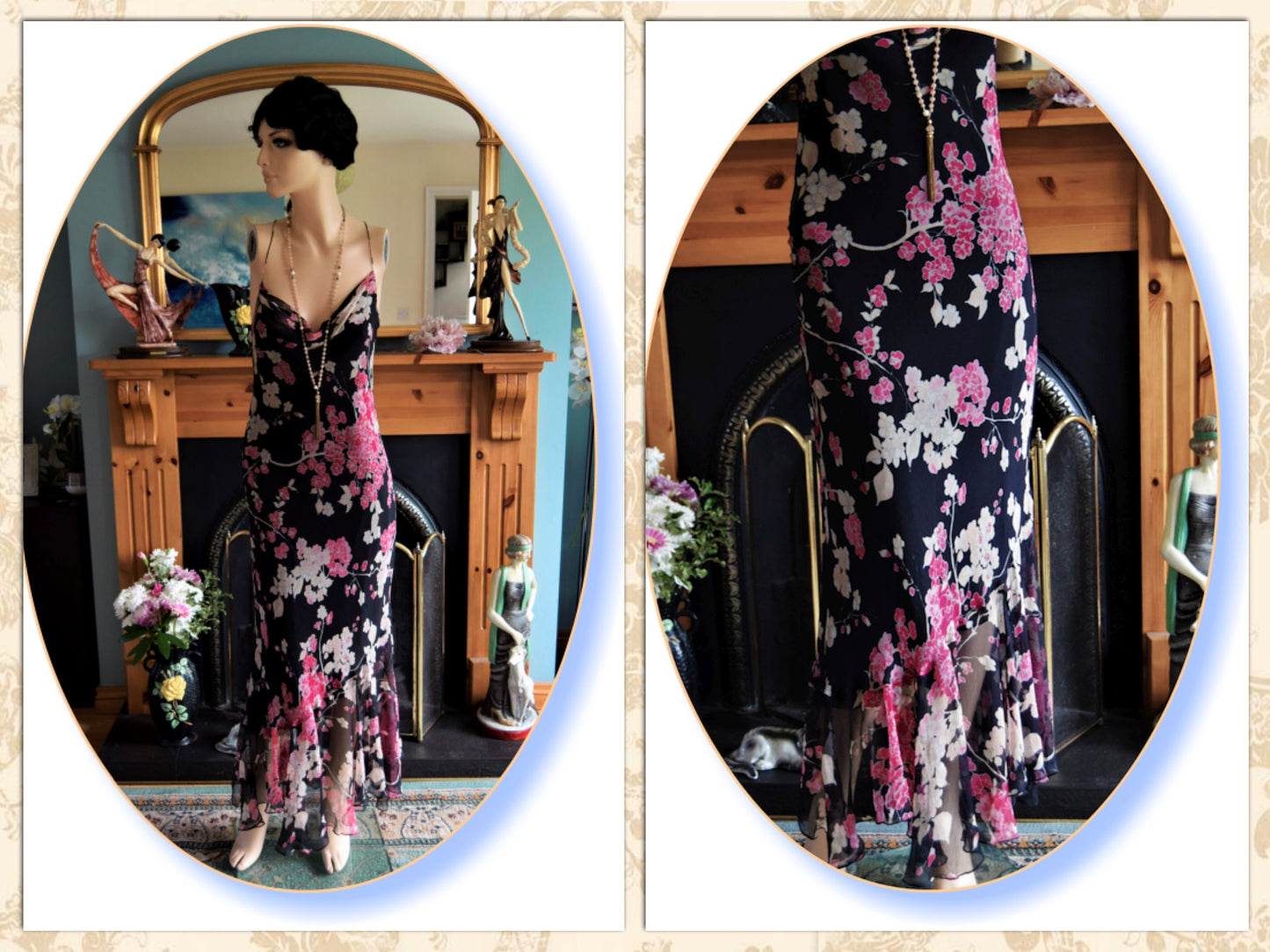 Art Deco Romantic Downton Abbey Vintage Floaty Etheral Oriental Cherry Blossom Cocktail Evening Silk Gown Size UK 12 US 8
